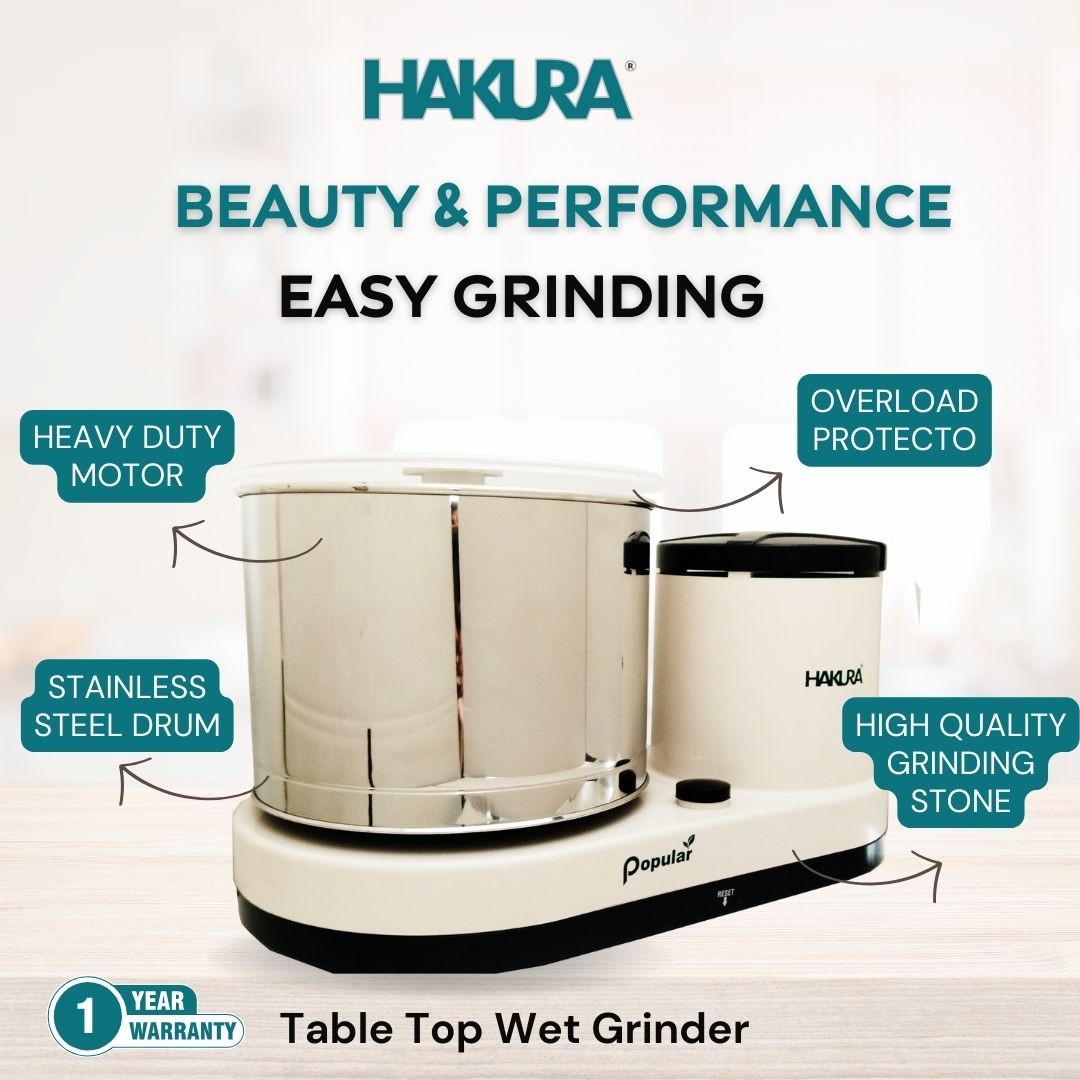 HAKURA Table Top Wet Grinder 2L Coconut Scrapper and Atta Kneader Attachment | 220-240V Wet Grinder  (White)